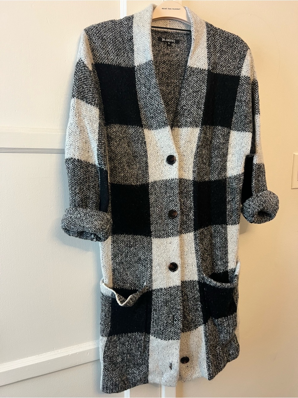 Blank NYC Black and White Buffalo Plaid Long Cardigan